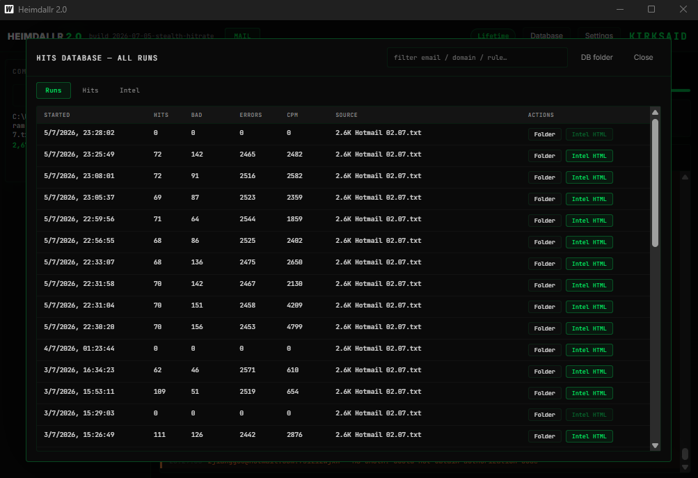 Heimdallr 2.0 database — runs, hits, and intel across all scans